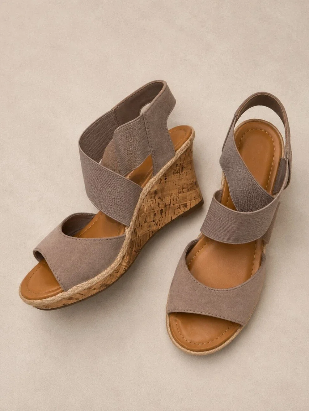 a.n.a. A New Approach Nautical Beige Taupe Elastic Strap Wedge Sandals Size 7M